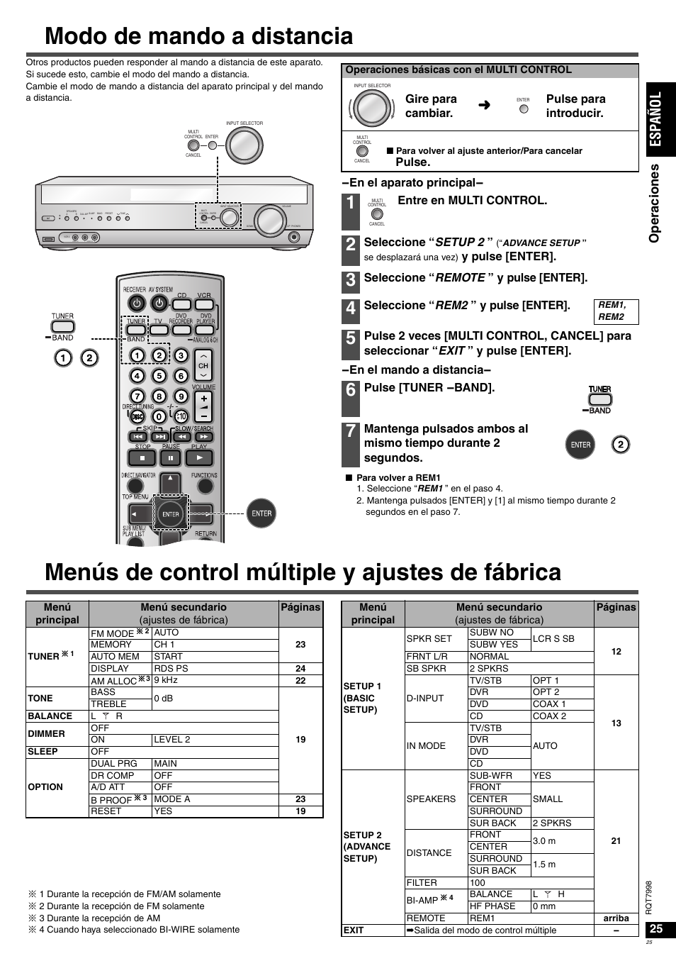 Modo de mando a distancia, Menús de control múltiple y ajustes de fábrica, Es pañol | Ope ra cione s, En el aparato principal- -en el mando a distancia, Gire para cambiar. pulse para introducir, Pulse, Entre en multi control, Seleccione “ setup 2, Y pulse [enter | Panasonic SAXR55 User Manual | Page 25 / 84