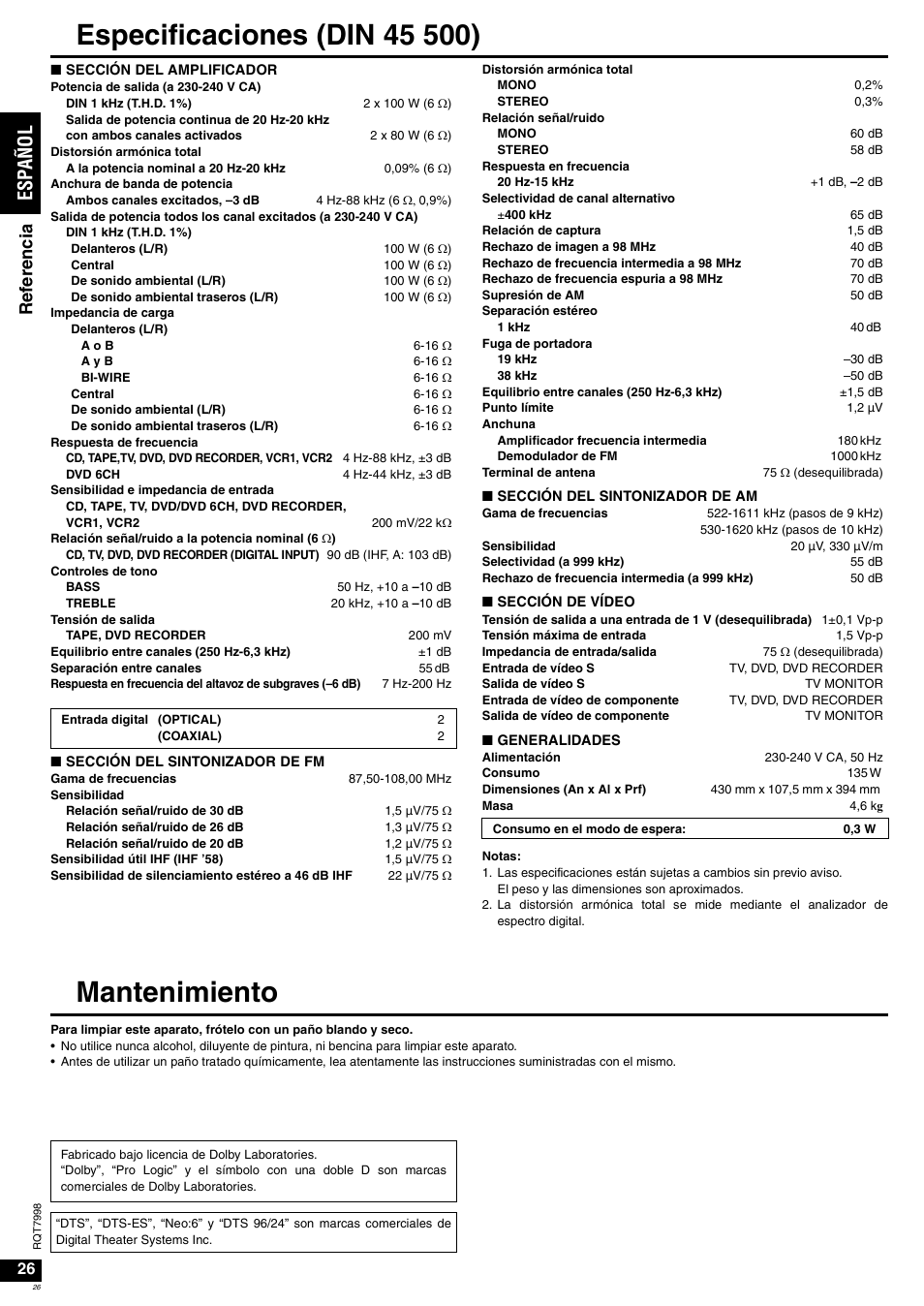 Mantenimiento, Es pañol, Ref er encia | Panasonic SAXR55 User Manual | Page 26 / 84