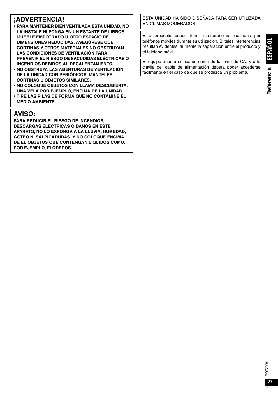 Advertencia, Aviso, Es pañol | Panasonic SAXR55 User Manual | Page 27 / 84