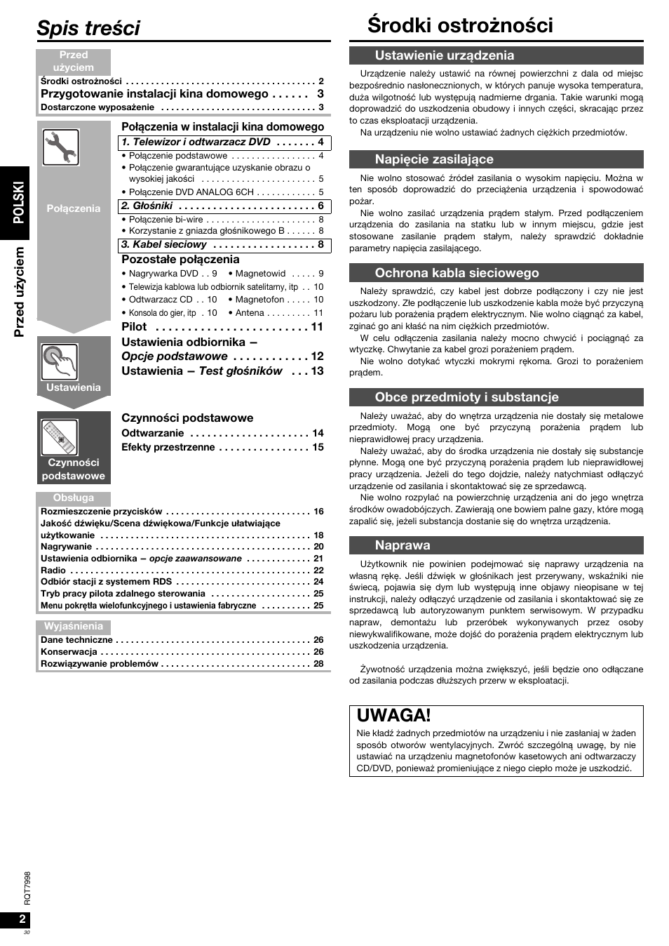 Spis treœci œrodki ostrożnoœci, Uwaga, Po l s ki | Przed u ż yc ie m | Panasonic SAXR55 User Manual | Page 30 / 84