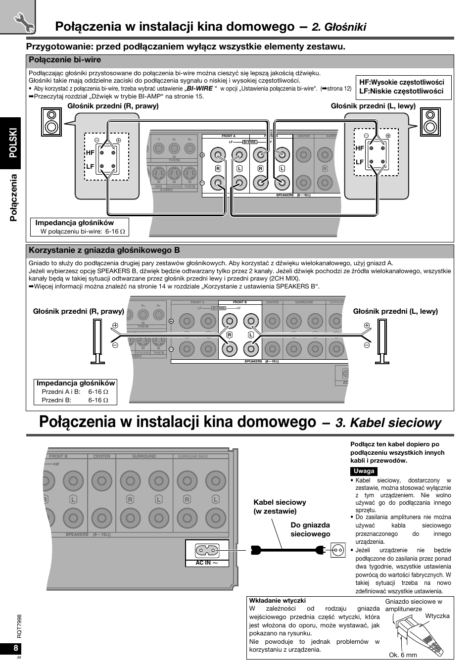 Połączenia w instalacji kina domowego, Kabel sieciowy, Głoœniki | Po l s ki, Po łą cz en ia, Połączenie bi-wire, Korzystanie z gniazda głoœnikowego b, Impedancja głoœników, Kabel sieciowy (w zestawie) do gniazda sieciowego, Hf:wysokie częstotliwoœci lf:niskie częstotliwoœci | Panasonic SAXR55 User Manual | Page 36 / 84