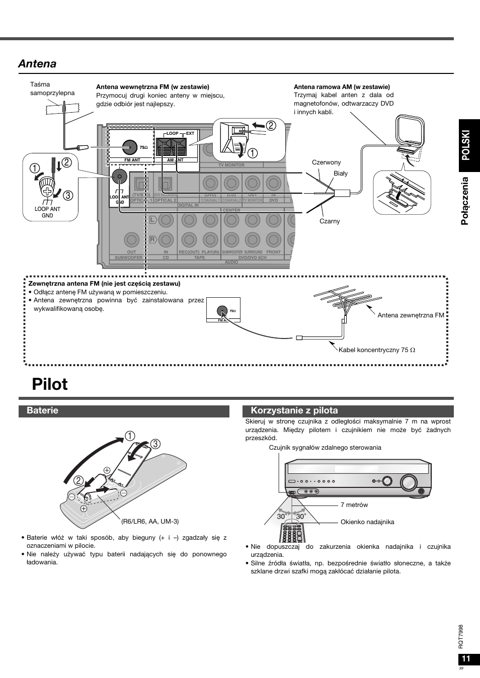 Pilot, Antena, Po l s ki | Po łą cz en ia, Baterie korzystanie z pilota | Panasonic SAXR55 User Manual | Page 39 / 84