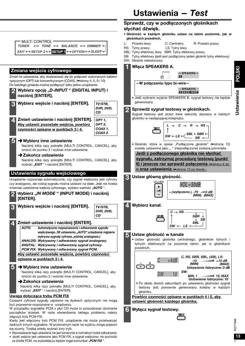 Ustawienia - test, Vol- 50db, Sw 10 c +4db | Po l s ki | Panasonic SAXR55 User Manual | Page 41 / 84