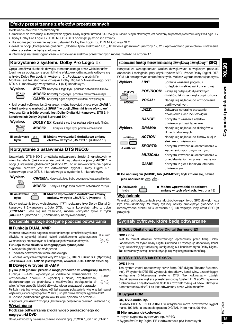 Po l s ki, Czynnoœci pod st awo w e, Korzystanie z ustawienia dts neo:6 | Panasonic SAXR55 User Manual | Page 43 / 84