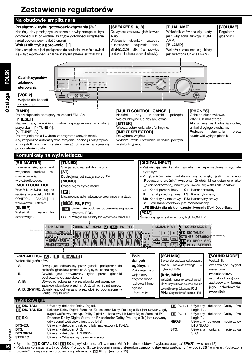 Zestawienie regulatorów, Po l s ki, Obs ługa | Na obudowie amplitunera, Komunikaty na wyœwietlaczu | Panasonic SAXR55 User Manual | Page 44 / 84