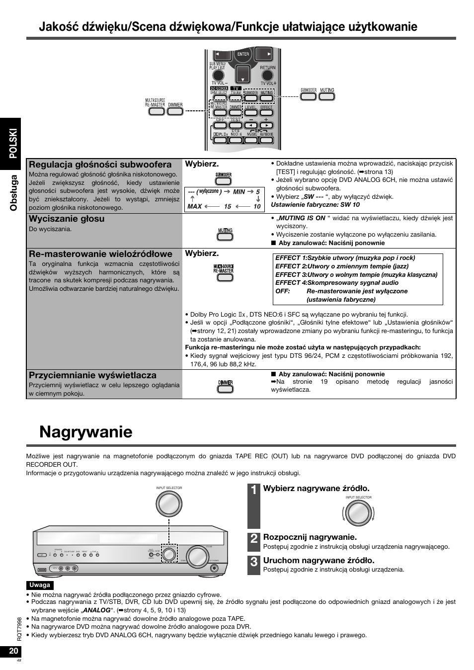 Nagrywanie, Po l s ki, Obs ługa | Regulacja głoœnoœci subwoofera, Wyciszanie głosu, Re-masterowanie wieloÿródłowe, Przyciemnianie wyœwietlacza, Wybierz, Wybierz nagrywane ÿródło, Rozpocznij nagrywanie | Panasonic SAXR55 User Manual | Page 48 / 84