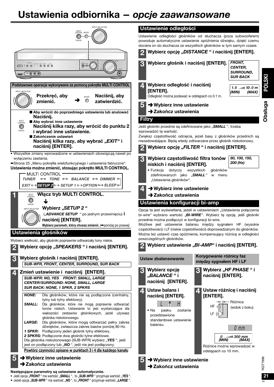 Ustawienia odbiornika - opcje zaawansowane, L h 0 mm, Po l s ki | Obs ługa, Ustawienia głoœników, Ustawienie odległoœci, Filtry, Ustawienia konfiguracji bi-amp | Panasonic SAXR55 User Manual | Page 49 / 84