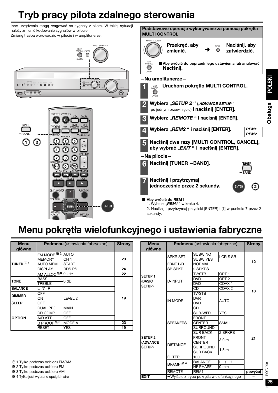 Tryb pracy pilota zdalnego sterowania, Po l s ki, Obs ługa | Na amplitunerze- -na pilocie, Przekręć, aby zmienić. naciœnij, aby zatwierdzić, Naciœnij, Uruchom pokrętło multi control, Wybierz „ setup 2, I naciœnij [enter, Wybierz „ remote “ i naciœnij [enter | Panasonic SAXR55 User Manual | Page 53 / 84