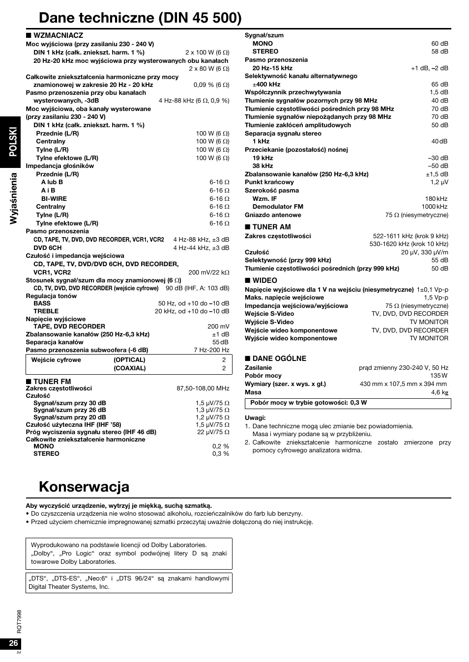 Konserwacja, Po l s ki, Wyjaœnienia | Panasonic SAXR55 User Manual | Page 54 / 84