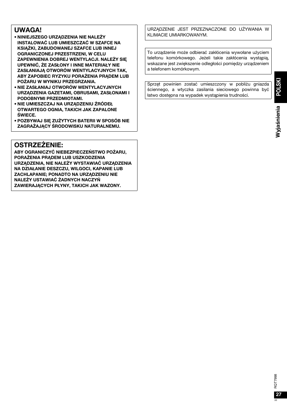 Uwaga, Ostrzeżenie, Po l s ki | Panasonic SAXR55 User Manual | Page 55 / 84