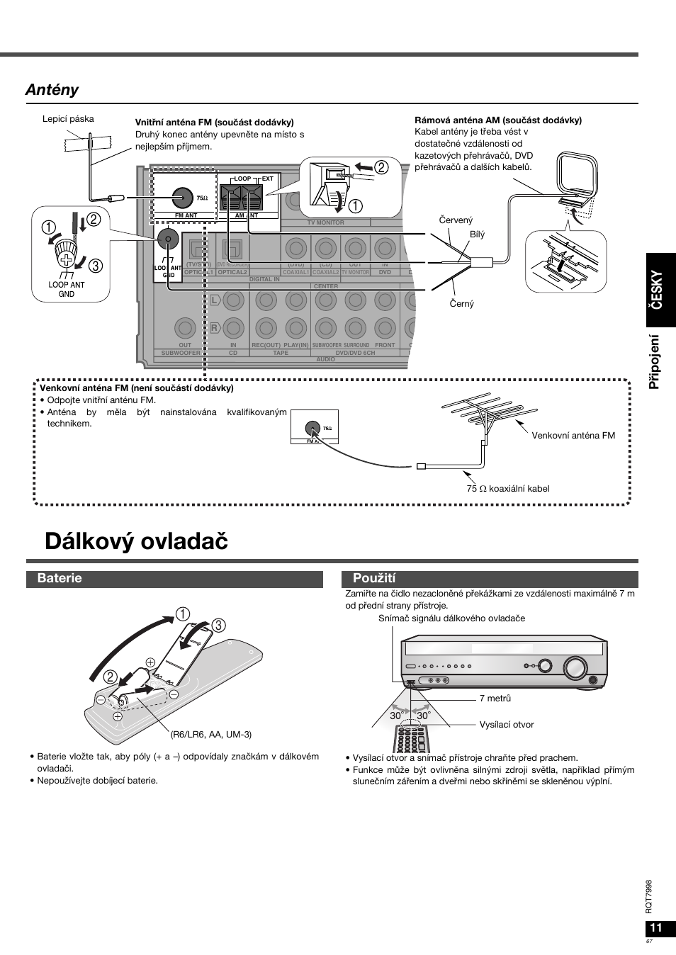 Dálkový ovladač, Antény, Čes k y | Při pojen í, Baterie použití | Panasonic SAXR55 User Manual | Page 67 / 84