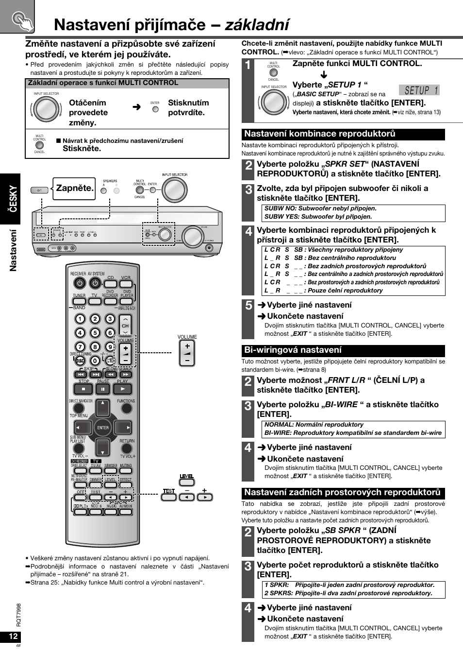 Nastavení přijímače - základní, Setup 1, Čes k y | Panasonic SAXR55 User Manual | Page 68 / 84