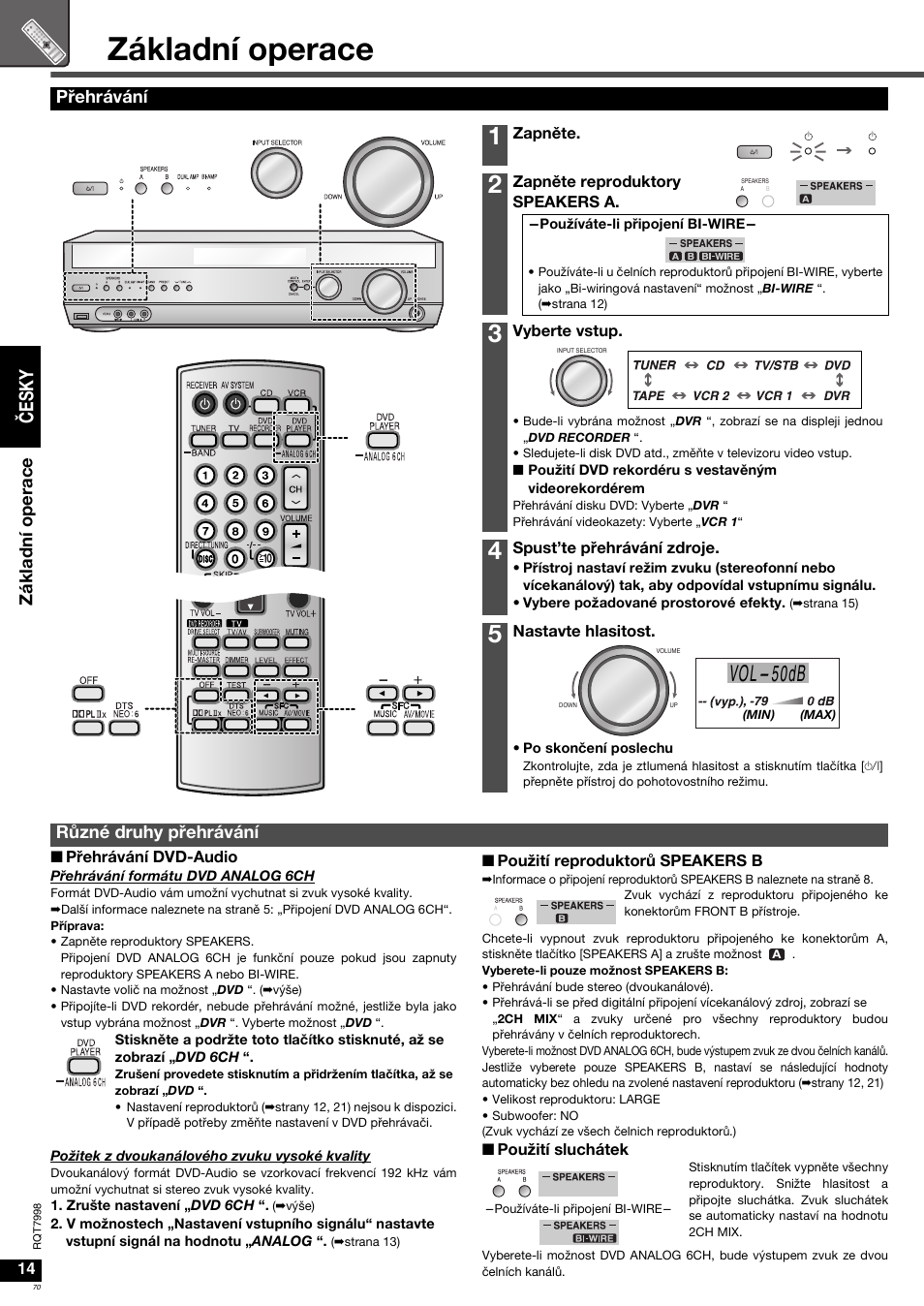 Základní operace, 50db, Čes k y | Přehrávání, Různé druhy přehrávání | Panasonic SAXR55 User Manual | Page 70 / 84