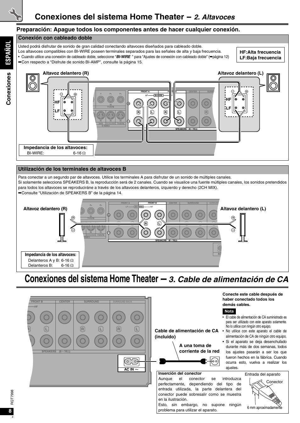 Conexiones del sistema home theater, Cable de alimentación de ca, Altavoces | Es pañol, Cone xi one s, Conexión con cableado doble, Utilización de los terminales de altavoces b, Impedancia de los altavoces, Altavoz delantero (r) altavoz delantero (l), Hf:alta frecuencia lf:baja frecuencia | Panasonic SAXR55 User Manual | Page 8 / 84