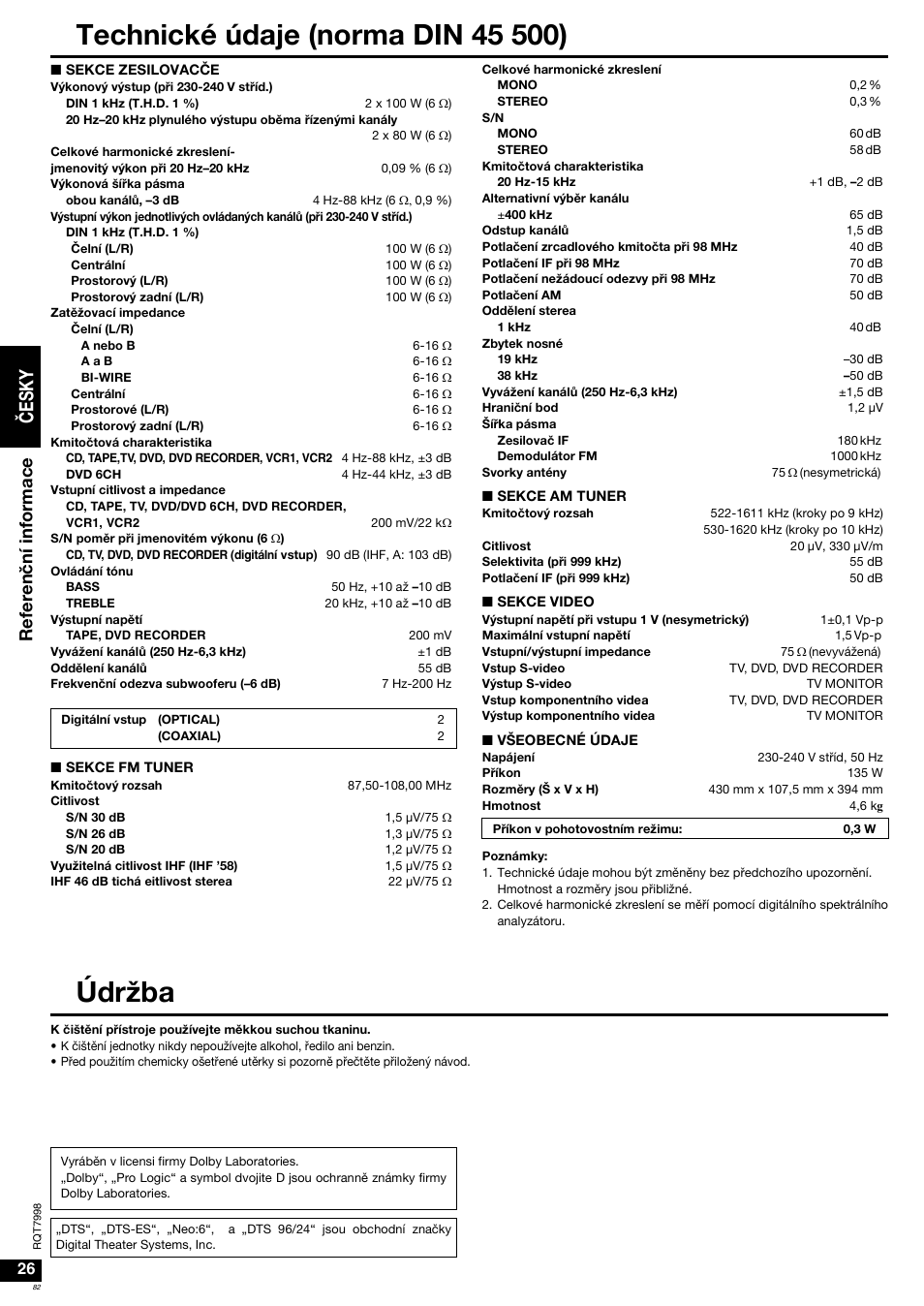 Údržba, Čes k y, Referen č ní in fo rm a c e | Panasonic SAXR55 User Manual | Page 82 / 84