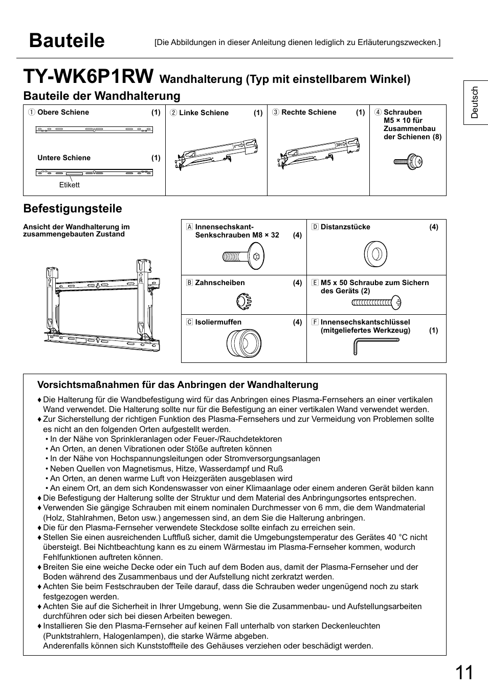 Bauteile, Ty-wk6p1rw, Bauteile der wandhalterung | Befestigungsteile, Wandhalterung (typ mit einstellbarem winkel) | Panasonic TYWK6P1RW User Manual | Page 11 / 90