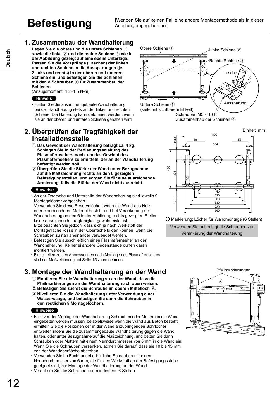 Befestigung, Zusammenbau der wandhalterung, Montage der wandhalterung an der wand | Panasonic TYWK6P1RW User Manual | Page 12 / 90