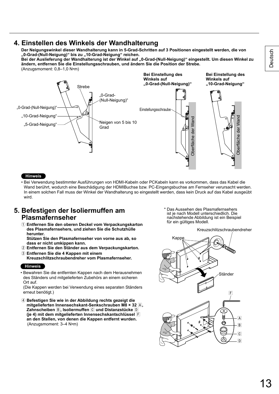 Einstellen des winkels der wandhalterung, Befestigen der isoliermuffen am plasmafernseher | Panasonic TYWK6P1RW User Manual | Page 13 / 90