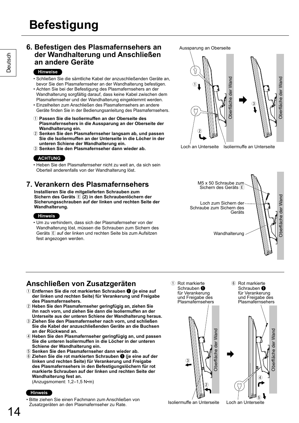 Befestigung, Verankern des plasmafernsehers, Anschließen von zusatzgeräten | Panasonic TYWK6P1RW User Manual | Page 14 / 90