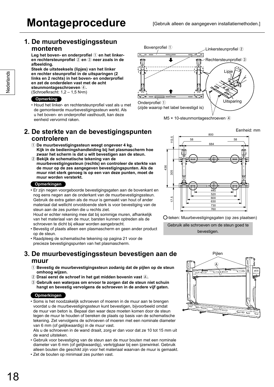 Montageprocedure, De muurbevestigingssteun monteren, De sterkte van de bevestigingspunten controleren | De muurbevestigingssteun bevestigen aan de muur | Panasonic TYWK6P1RW User Manual | Page 18 / 90