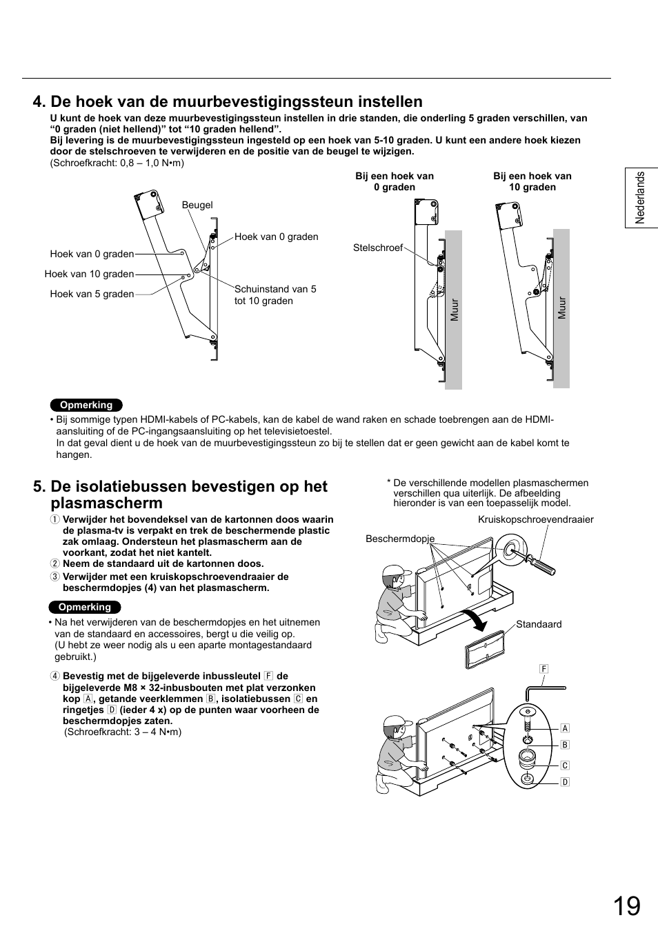 De hoek van de muurbevestigingssteun instellen, De isolatiebussen bevestigen op het plasmascherm | Panasonic TYWK6P1RW User Manual | Page 19 / 90