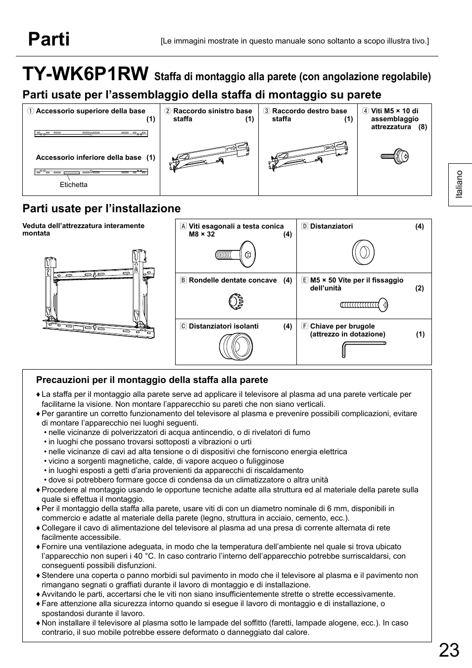 Parti, Ty-wk6p1rw, Parti usate per l’installazione | Panasonic TYWK6P1RW User Manual | Page 23 / 90