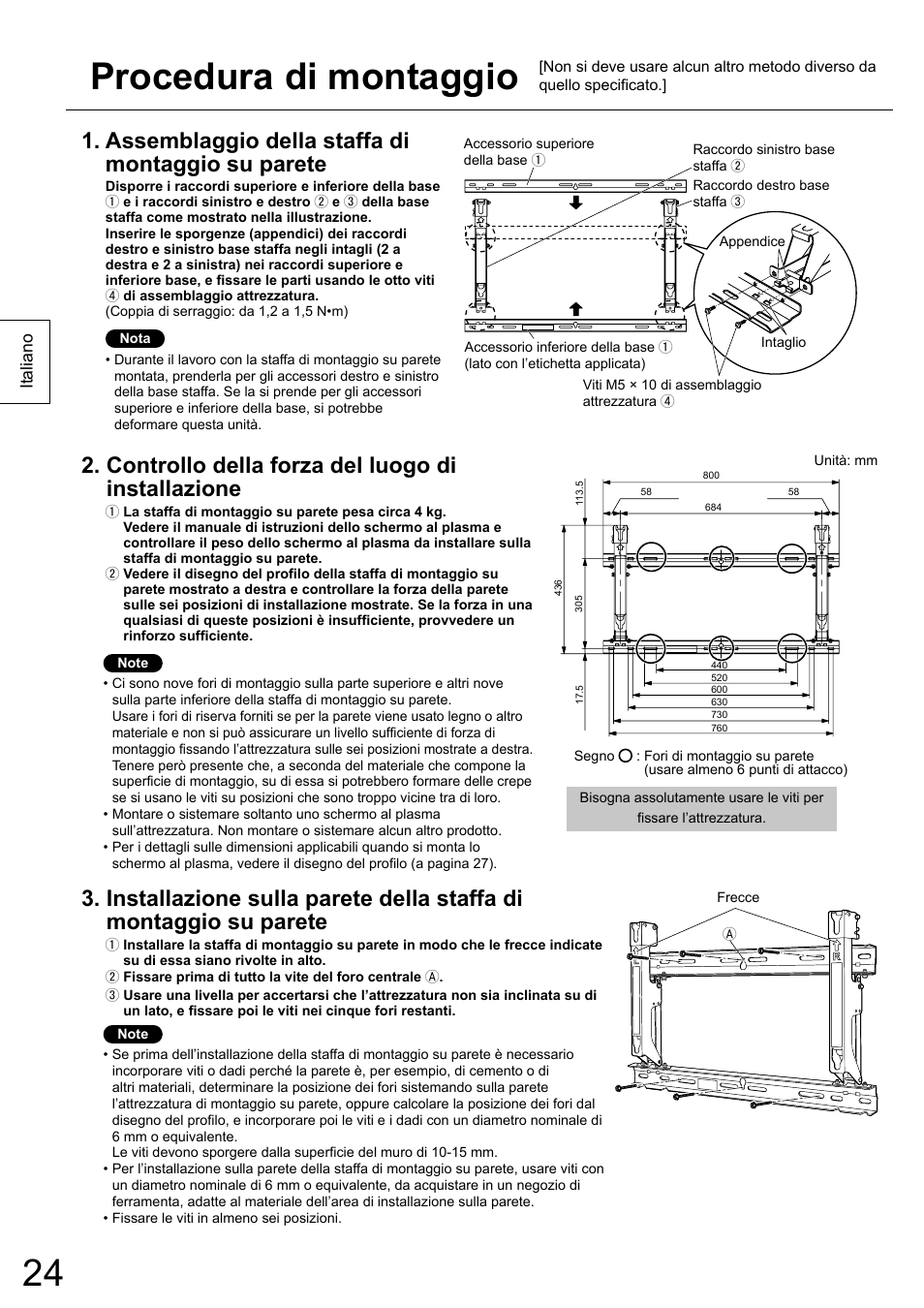 Procedura di montaggio, Assemblaggio della staffa di montaggio su parete, Controllo della forza del luogo di installazione | Panasonic TYWK6P1RW User Manual | Page 24 / 90