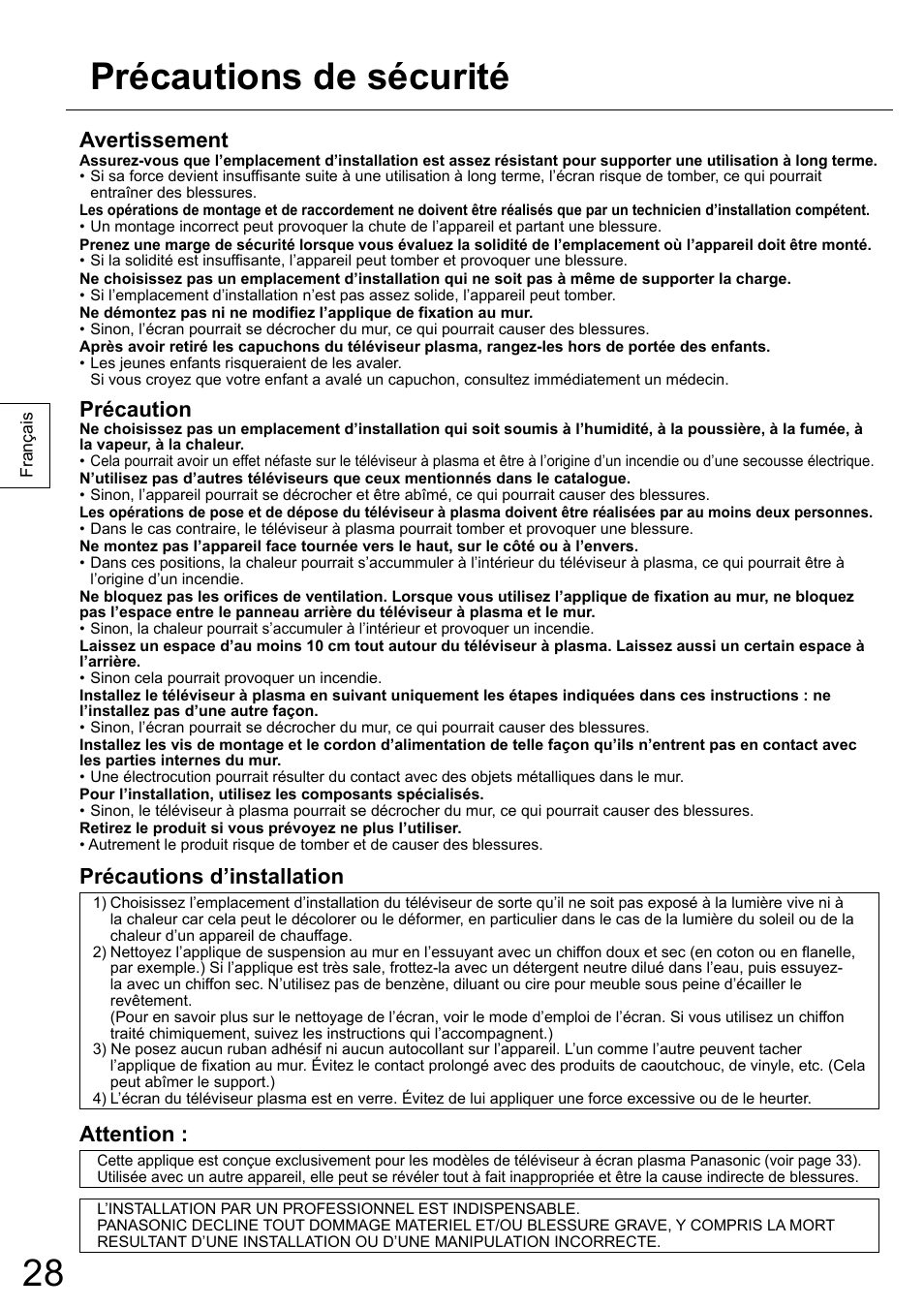 Précautions de sécurité, Avertissement, Précaution | Précautions d’installation, Attention | Panasonic TYWK6P1RW User Manual | Page 28 / 90