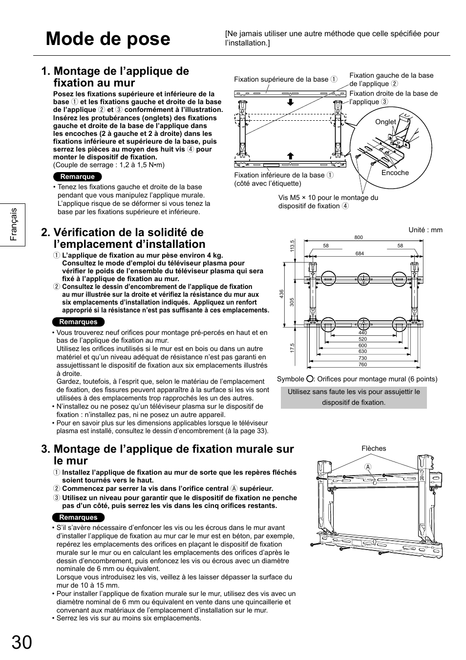 Mode de pose, Montage de l’applique de fixation au mur | Panasonic TYWK6P1RW User Manual | Page 30 / 90