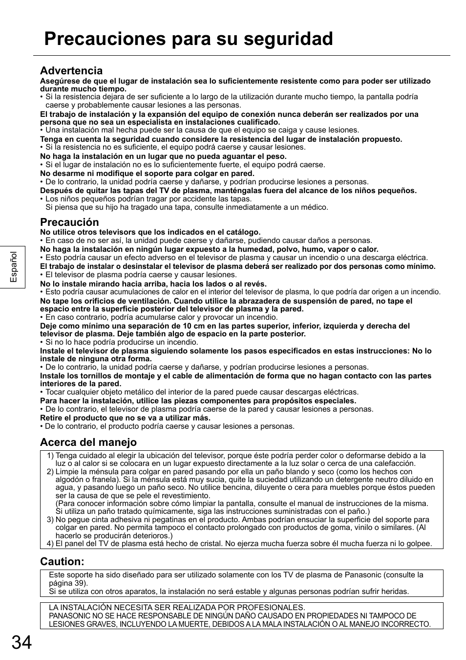 Precauciones para su seguridad, Advertencia, Precaución | Acerca del manejo, Caution | Panasonic TYWK6P1RW User Manual | Page 34 / 90