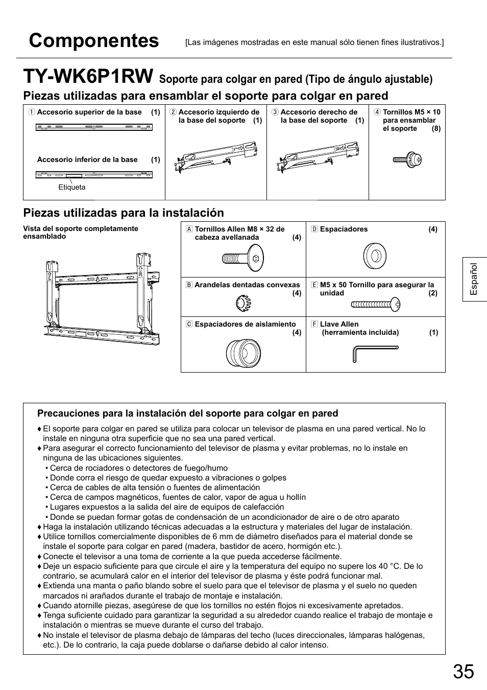 Componentes, Ty-wk6p1rw, Piezas utilizadas para la instalación | Panasonic TYWK6P1RW User Manual | Page 35 / 90