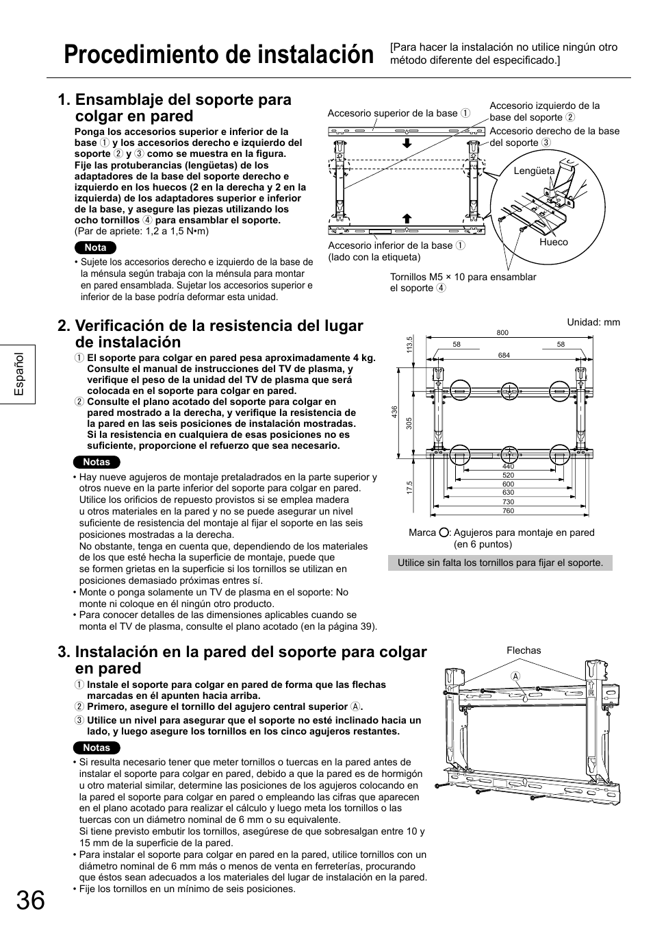 Procedimiento de instalación, Ensamblaje del soporte para colgar en pared | Panasonic TYWK6P1RW User Manual | Page 36 / 90