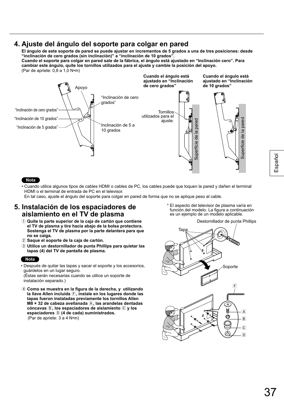 Ajuste del ángulo del soporte para colgar en pared | Panasonic TYWK6P1RW User Manual | Page 37 / 90