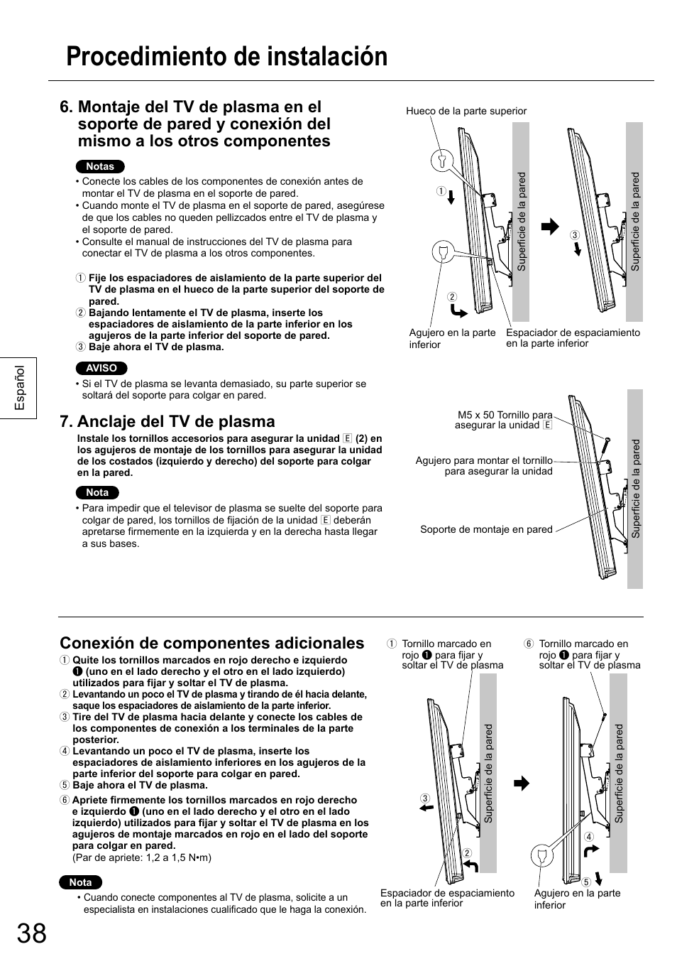 Procedimiento de instalación, Anclaje del tv de plasma, Conexión de componentes adicionales | Panasonic TYWK6P1RW User Manual | Page 38 / 90