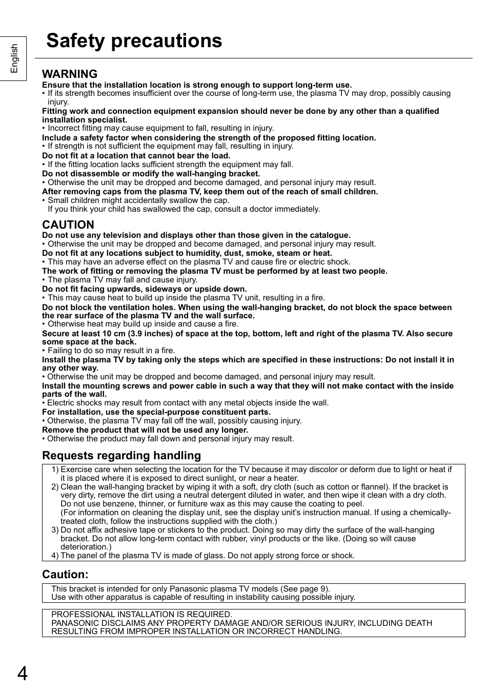 Safety precautions, Warning, Caution | Requests regarding handling | Panasonic TYWK6P1RW User Manual | Page 4 / 90