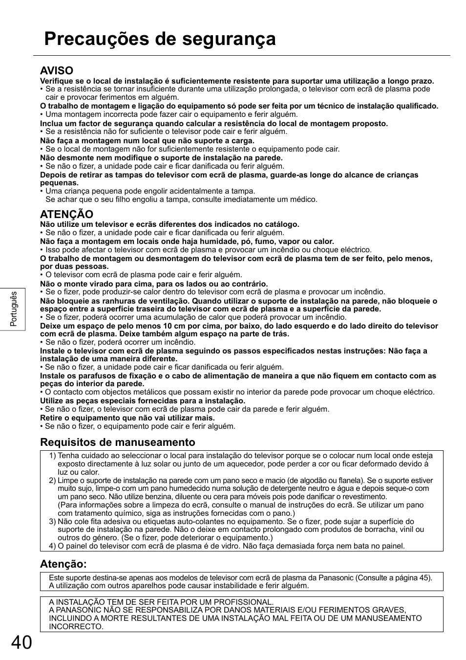 Precauções de segurança, Aviso, Atenção | Requisitos de manuseamento | Panasonic TYWK6P1RW User Manual | Page 40 / 90