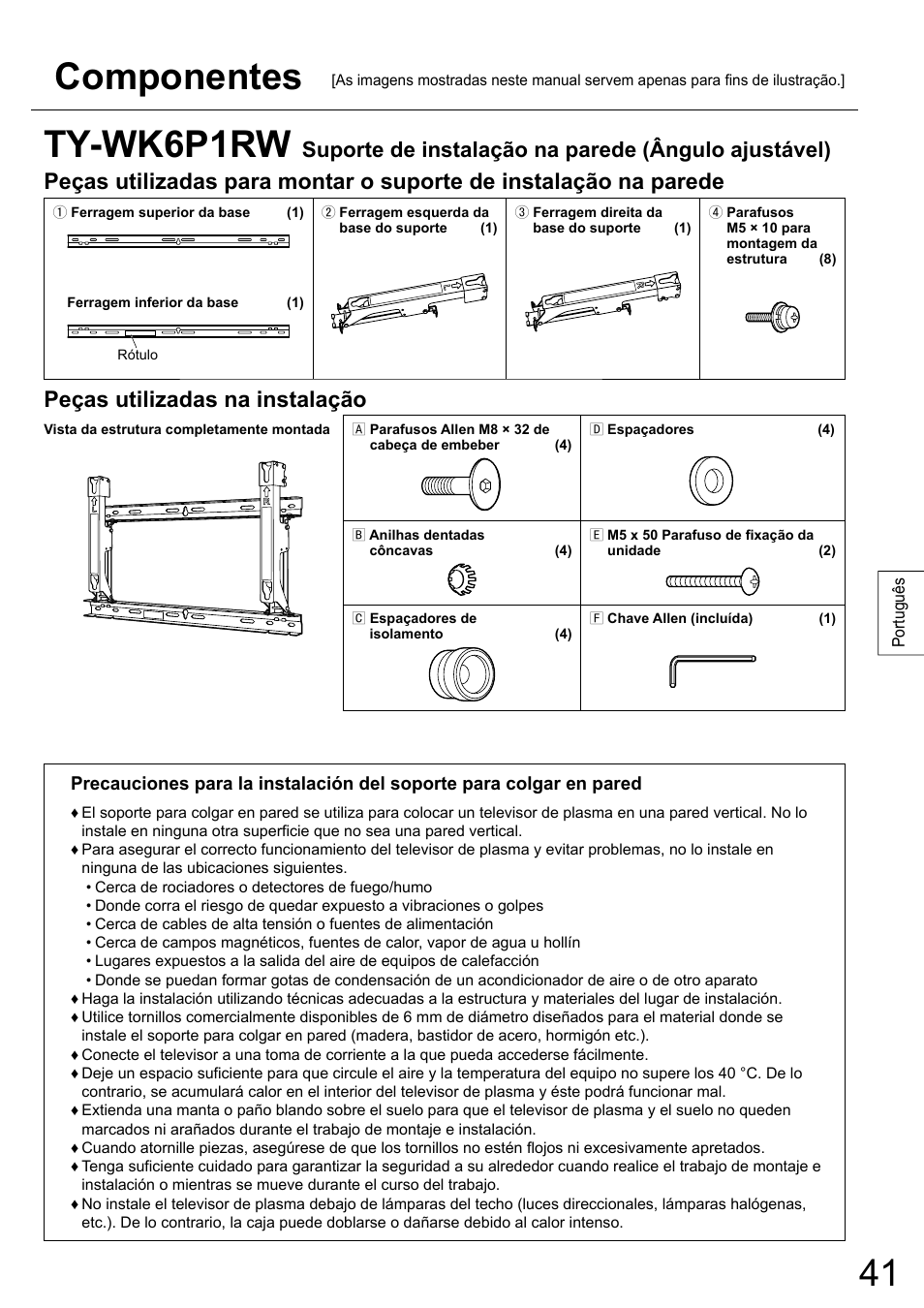 Ty-wk6p1rw, Componentes, Peças utilizadas na instalação | Suporte de instalação na parede (ângulo ajustável) | Panasonic TYWK6P1RW User Manual | Page 41 / 90