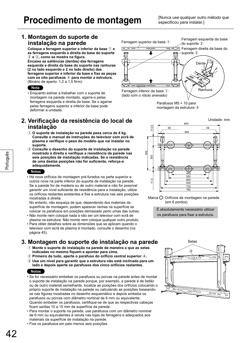 Procedimento de montagem, Montagem do suporte de instalação na parede, Verificação da resistência do local de instalação | Panasonic TYWK6P1RW User Manual | Page 42 / 90