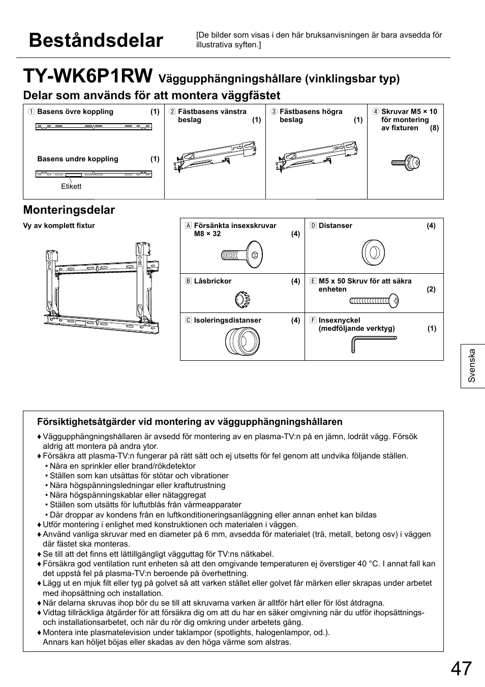 Beståndsdelar, Ty-wk6p1rw, Delar som används för att montera väggfästet | Monteringsdelar, Väggupphängningshållare (vinklingsbar typ) | Panasonic TYWK6P1RW User Manual | Page 47 / 90