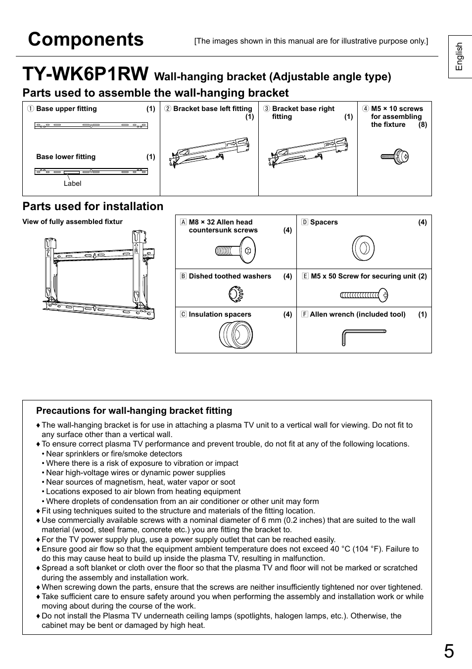 Ty-wk6p1rw, Components, Parts used to assemble the wall-hanging bracket | Parts used for installation, Wall-hanging bracket (adjustable angle type) | Panasonic TYWK6P1RW User Manual | Page 5 / 90