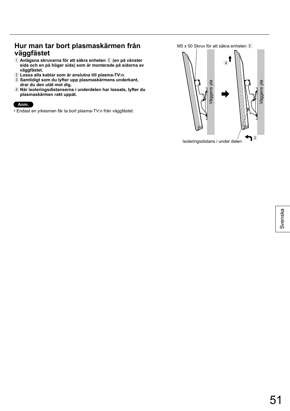 Hur man tar bort plasmaskärmen från väggfästet | Panasonic TYWK6P1RW User Manual | Page 51 / 90
