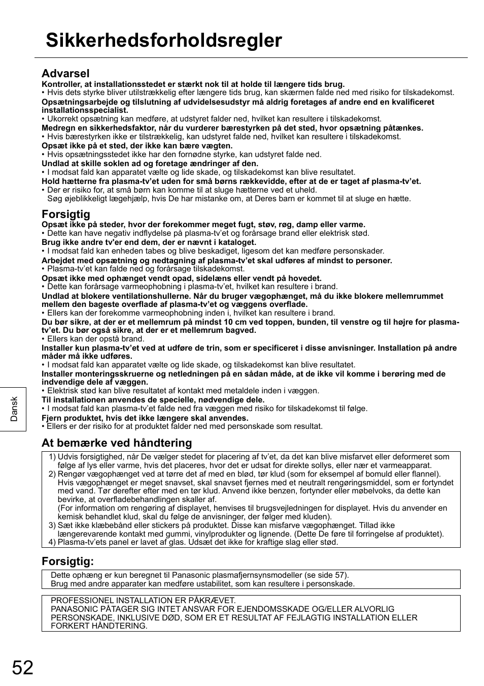 Sikkerhedsforholdsregler, Advarsel, Forsigtig | At bemærke ved håndtering | Panasonic TYWK6P1RW User Manual | Page 52 / 90