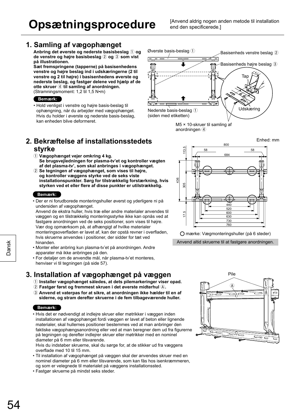 Opsætningsprocedure, Samling af vægophænget, Bekræftelse af installationsstedets styrke | Installation af vægophænget på væggen | Panasonic TYWK6P1RW User Manual | Page 54 / 90