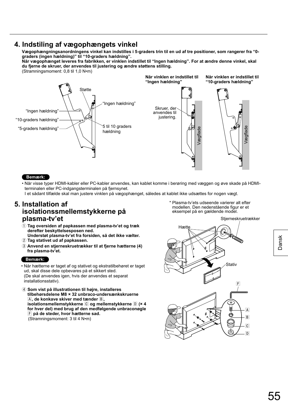 Indstiling af vægophængets vinkel | Panasonic TYWK6P1RW User Manual | Page 55 / 90
