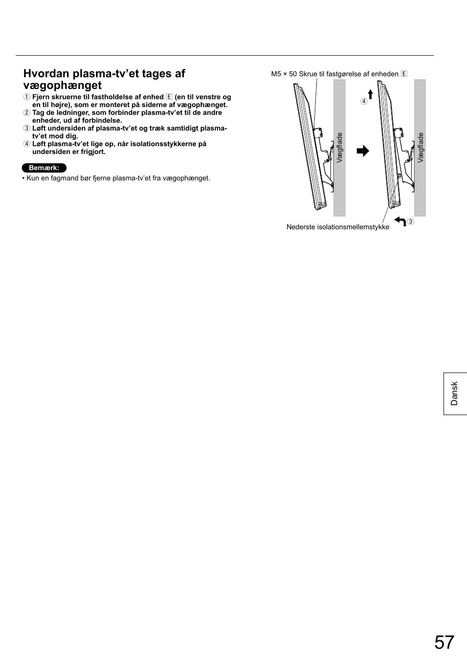 Hvordan plasma-tv’et tages af vægophænget | Panasonic TYWK6P1RW User Manual | Page 57 / 90