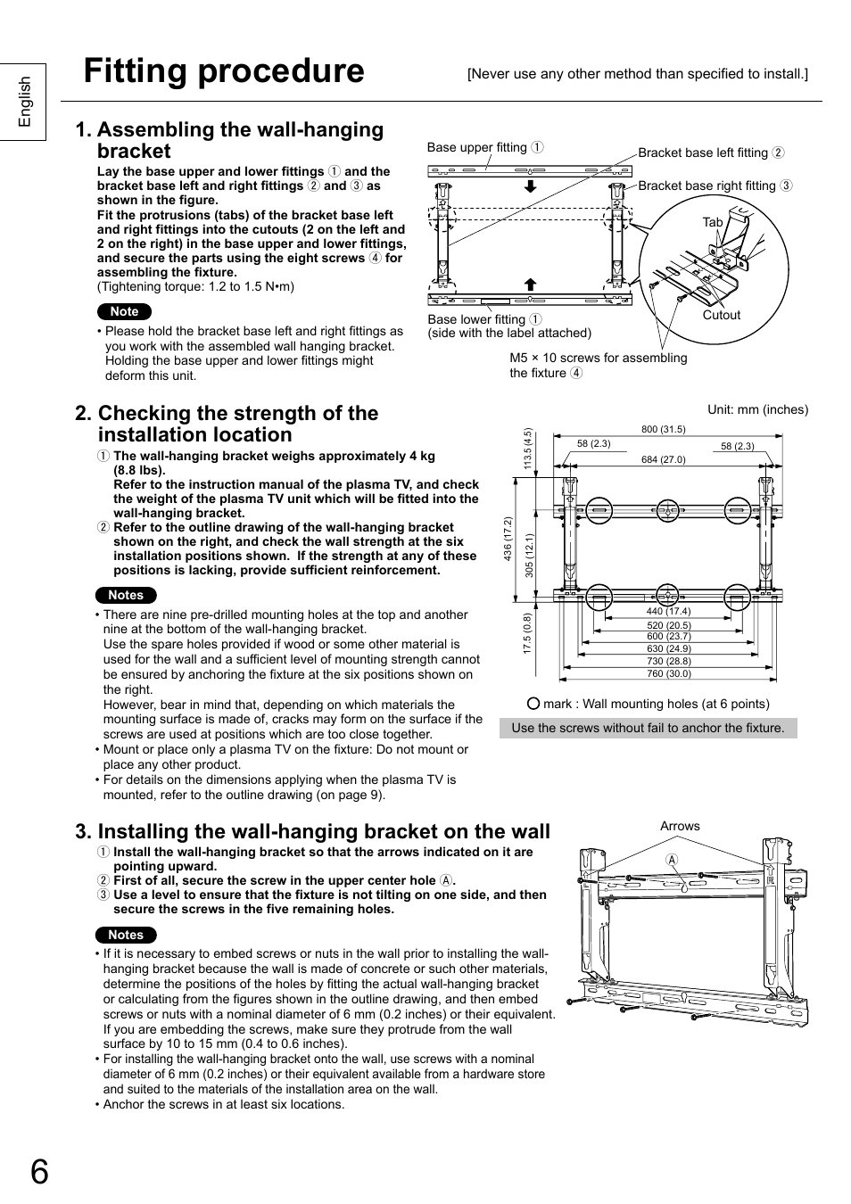 Fitting procedure, Assembling the wall-hanging bracket, Checking the strength of the installation location | Installing the wall-hanging bracket on the wall | Panasonic TYWK6P1RW User Manual | Page 6 / 90