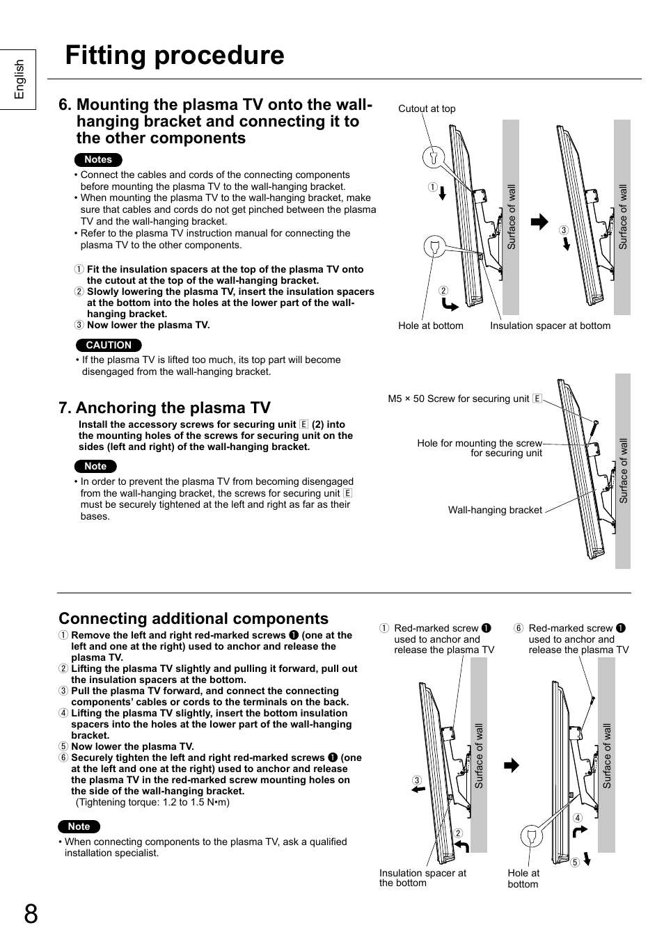 Fitting procedure, Anchoring the plasma tv, Connecting additional components | Panasonic TYWK6P1RW User Manual | Page 8 / 90