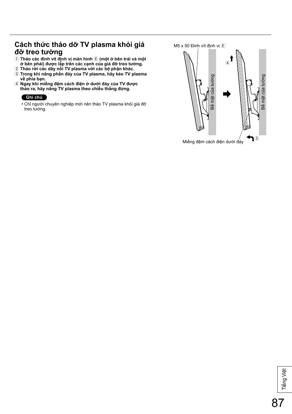 Cách thức tháo dỡ tv plasma khỏi giá đỡ treo tường | Panasonic TYWK6P1RW User Manual | Page 87 / 90