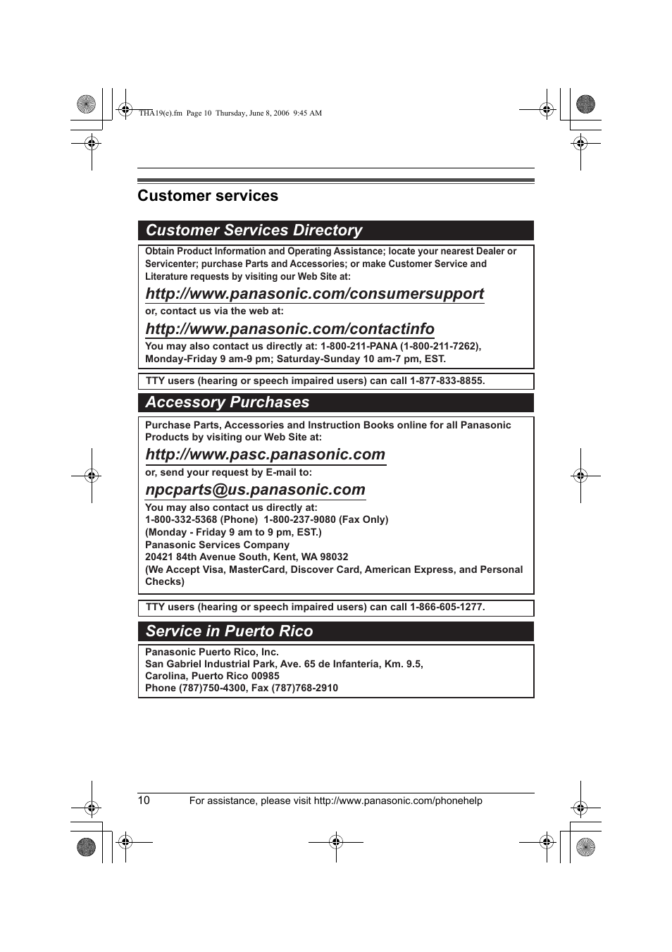 Customer services, Customer services customer services directory, Accessory purchases service in puerto rico | Panasonic KXTHA19 User Manual | Page 10 / 20