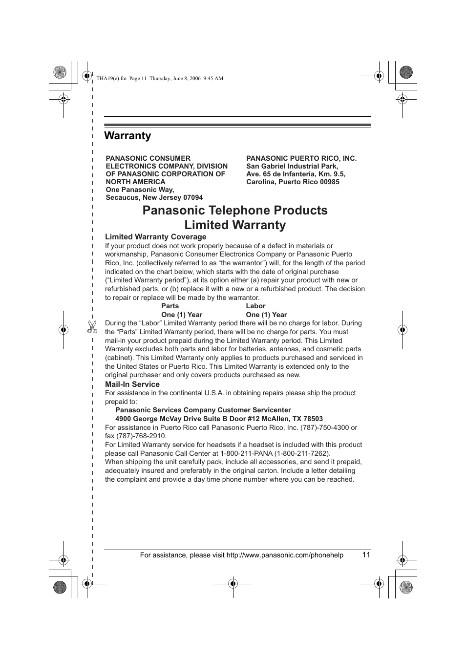 Warranty, Panasonic telephone products limited warranty | Panasonic KXTHA19 User Manual | Page 11 / 20